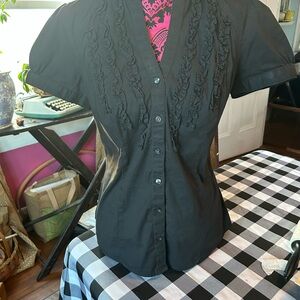 Express Black Button-Up Blouse with Ruffle Detail